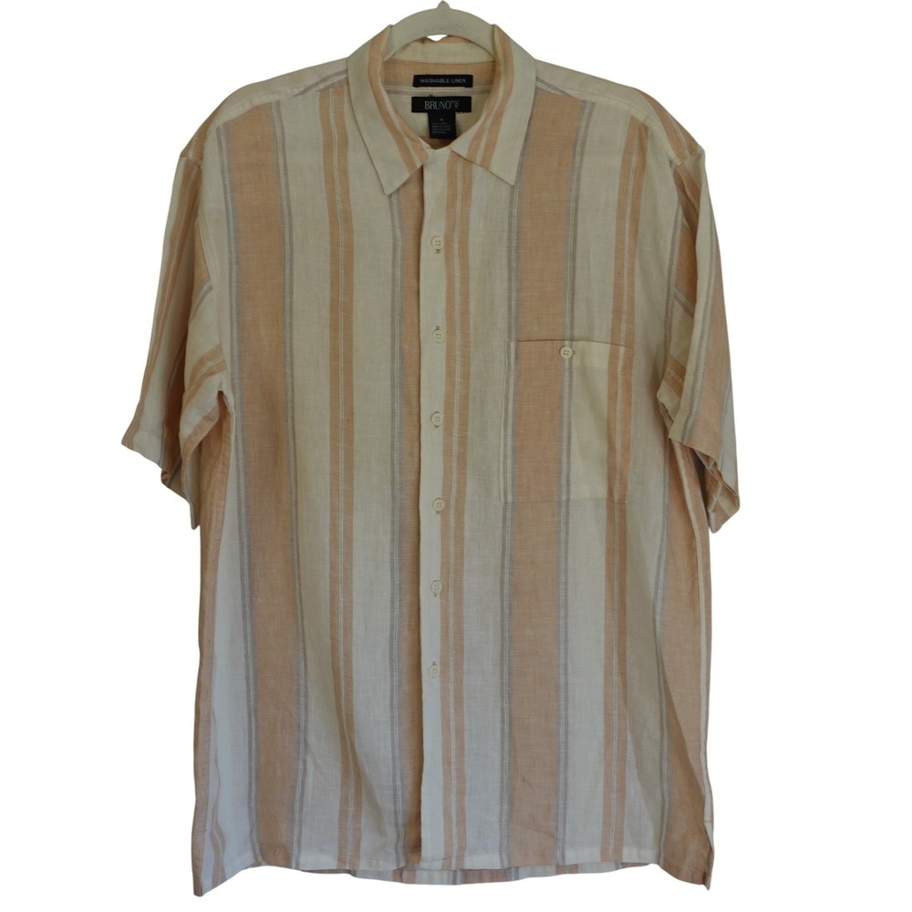 Bruno Mens 100% Linen Striped Button Down Camp Shirt Medium Cream Peach Summer